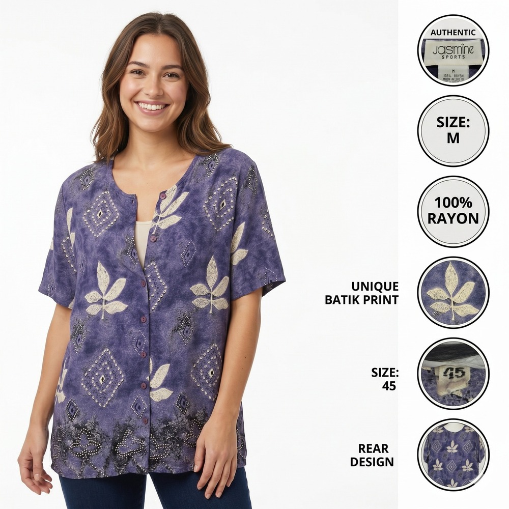 Vintage Jasmine Sports Purple Rayon Button Down Shirt Floral Leaf 90s Grunge M